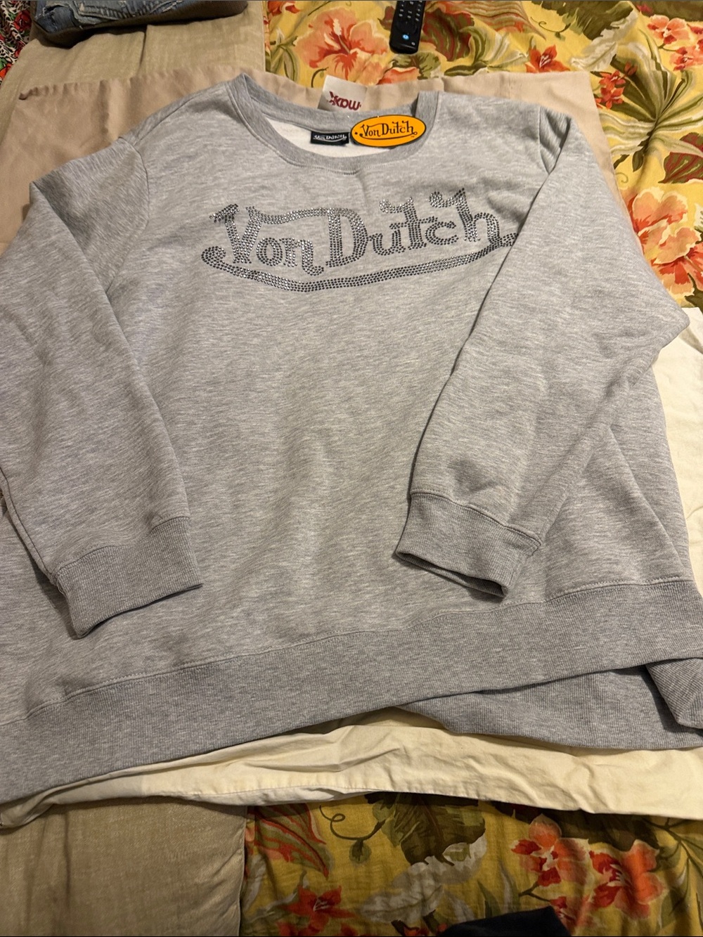 Von Dutch Light Gray Crewneck Sweatshirt with Rhinestone Logo